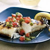 Halibut with Grilled Tomato and Olive Relish