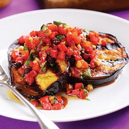 Grilled Eggplants with Roasted Red Pepper Relish with Pine Nuts, Currants, and Marjoram