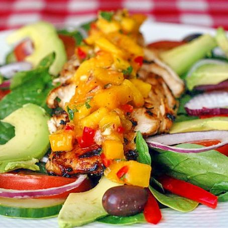 Lime-Cumin Grilled Chicken Salad with Avocado and Mango Salsa