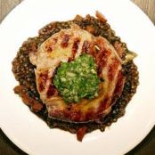 Grilled steak, red wine lentils and salsa verde