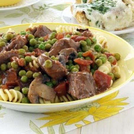 Beef Tip Stew over Fusilli