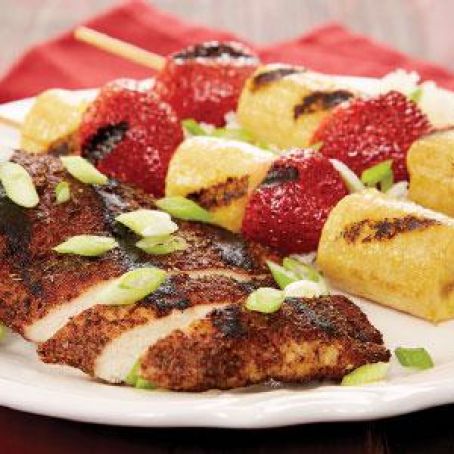 grilled chicken, bananas and strawberries
