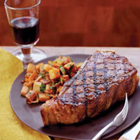 Grilled Strip Steaks with Sweet Potato Hash Browns