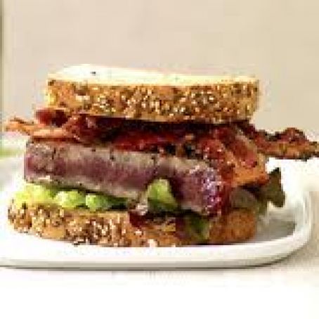 Veggie Bacon, Lettuce, Tomato Jam, and Tuna Steak Sandwichs