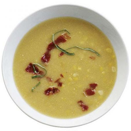 Summer Corn Soup with Crisp Prosciutto and Basil