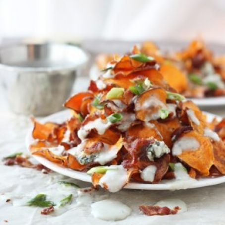 Baked Sweet Potato Chips with Blue Cheese Sauce, Bacon and Green Onion