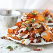 Baked Sweet Potato Chips with Blue Cheese Sauce, Bacon and Green Onion
