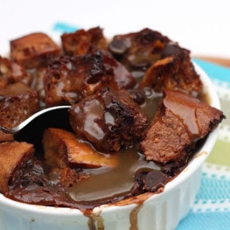 Chocolate challah bread pudding with bourbon butterscotch sauce