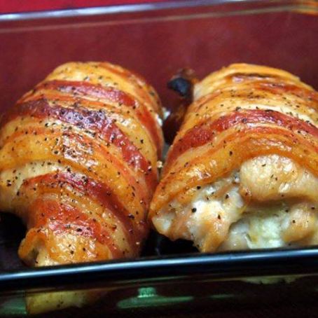 Bacon wrapped cream cheese stuffed Chix Breasts