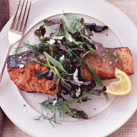 Salmon with Lemon-Pepper Sauce and Watercress-Herb Salad