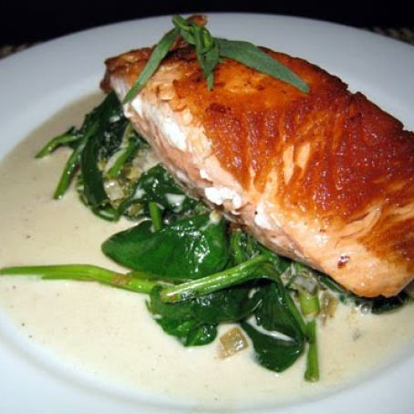 Pan Seared Salmon on Spinach in Tarragon Sauce