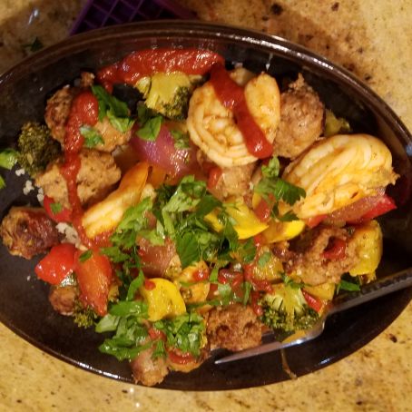 Paleo Cajun Bowl with Shrimp and Brats