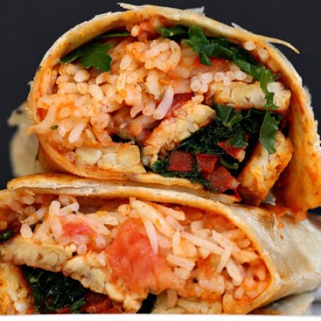 Spanish Rice, Buffalo Tempeh, Kale, Bell Pepper Wraps