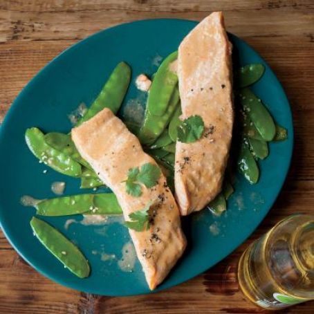 Coconut Curry Salmon with Sauteed Sesame Snow Peas