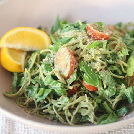 Spaghetti with Green Tahini Sauce & Brazil Nut Parmesan - Vegan, Gluten-Free