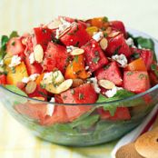 Tomato Watermelon salad with feta and toasted almonds