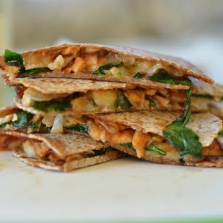 Barbecue Chicken Quesadillas with Spinach and Caramelized Onions