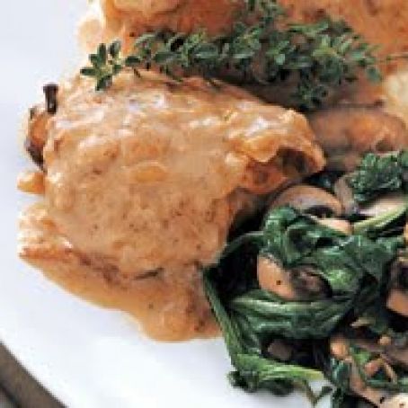 Chicken Dijonnaise with Mushroom and Arugula Sauté and Posh French Mash