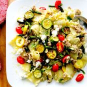 Lasagnetti with Crumbled Sausage, Asparagus and Zucchini Coins