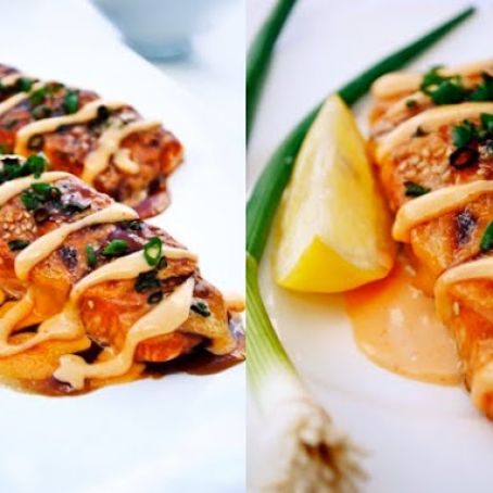 Stuffed Teriyaki Salmon with Sirache Sauce