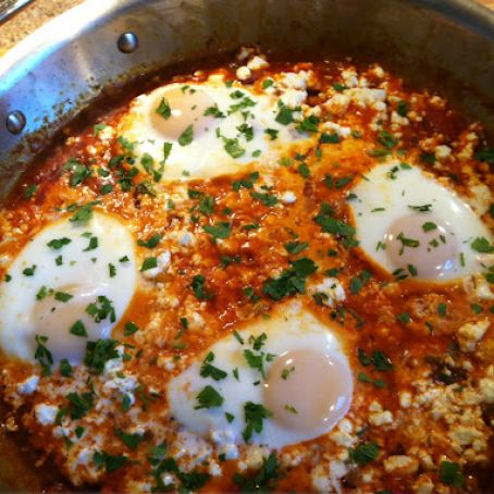 Poached Eggs in Tomato Sauce with Chickpeas and Feta