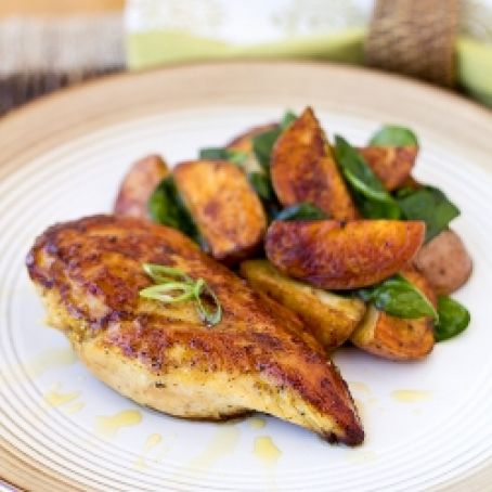 Pan-Seared, Honey-Dijon Glazed Chicken Breasts with Garlic-Spinach Roasted Potatoes