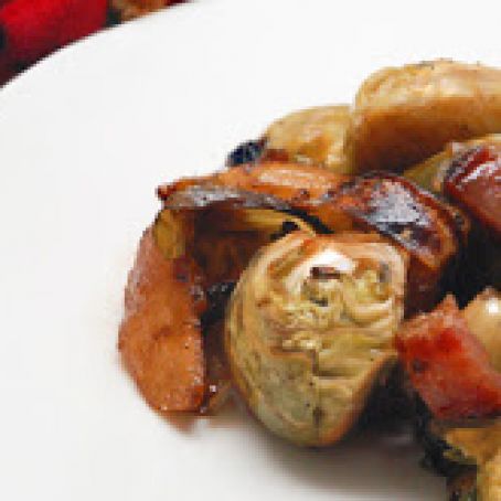 Roasted Brussels Sprouts with Bacon, Apples and Onions