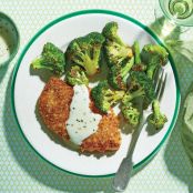 Crispy Oven-Fried Chicken with Roasted Broccoli, Cheese Sauce