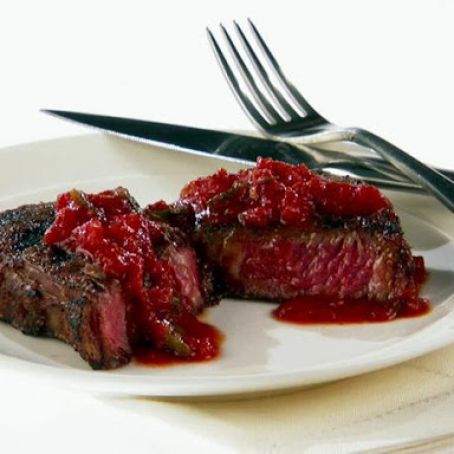 Grilled Rib Eye with Tomato and Poblano Chile Sauce