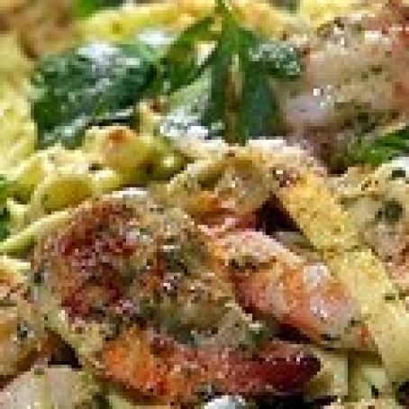 Shrimp with Linguine in a Pesto Cream Sauce