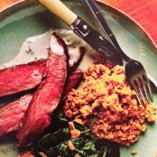 Chipotle-Rubbed flank steak with couscous + spinach with toasted almonds