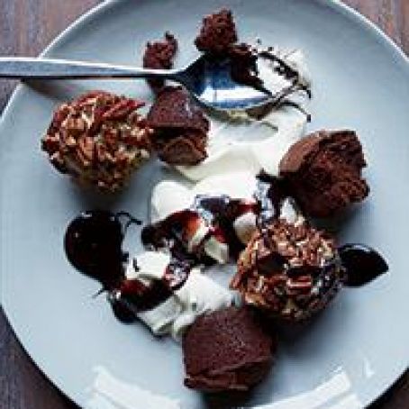 Brownie Cake Sundaes with Pecan-Ice Cream Balls