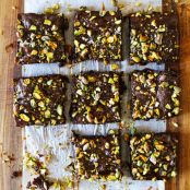 Dark Chocolate Brownies with Pistachios & Salted Caramel Sauce