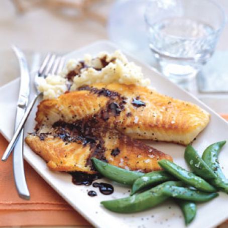 Tilapia with Balsamic Butter Sauce, Thyme Mashed Potatoes, and Sugar Snap Peas