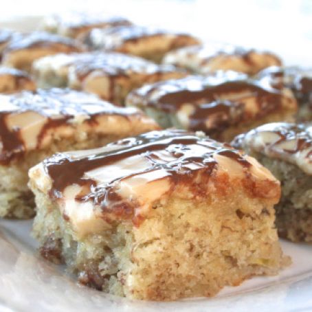 Moist Banana Bread Bars with Peanut Butter Frosting & Nutella Drizzle