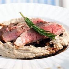 Balsamic Flank Steak on White Bean Purée