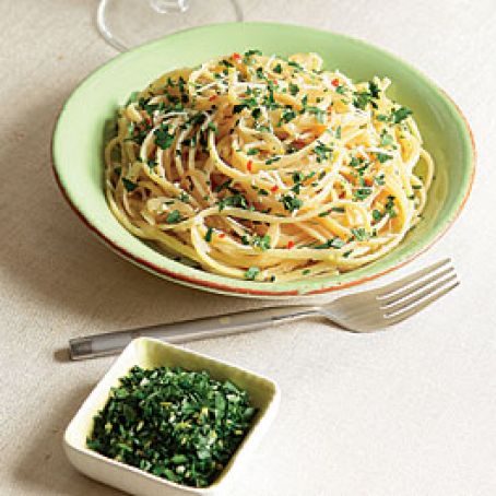 Linguine with Hot Chile, Carmelized Onion, and Gremolata