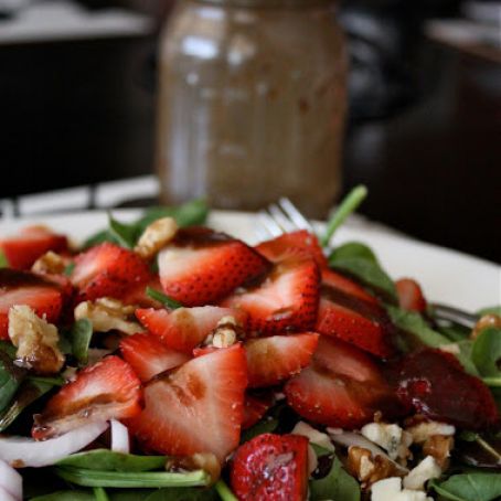 Spinach, Strawberry + Walnut Salad with Raspberry Balsamic Vinaigrette