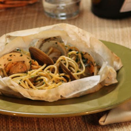 Spaghetti In Parchment with Clams and Scallions