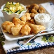 Beer Battered Halibut with Creamy Dill Sauce and Raw Corn and Zucchini Salad