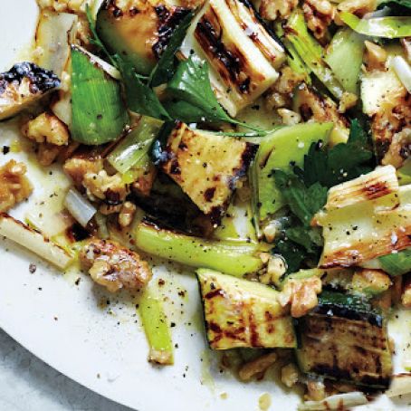 Grilled Zucchini and Leeks with Walnuts and Herbs