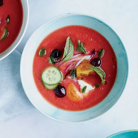Tomato Soup with Feta, Olives and Cucumbers