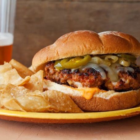 Latin Burgers with Caramelized Onion and Jalapeno Relish and Red Pepper Mayonnaise