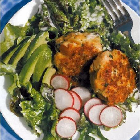 Salmon Cakes with Almonds on Assorted Greens