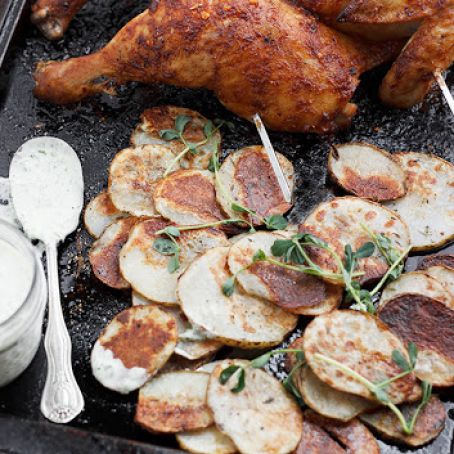 Piri Piri Roasted Chicken and Potatoes with Green Chilli Dressing