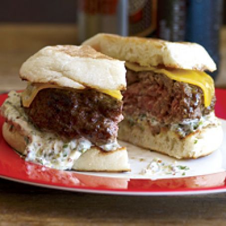Beef-and-Lamb Burgers with Cheddar and Caper Remoulade