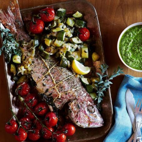 Roast Snapper and Vegetables With Arugula Pesto