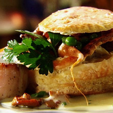 Seared Sea Scallops in Beurre Blanc with Baby Spring Vegetables in Puff Pastry