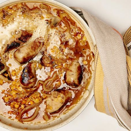 Beer-Cooked Orange Lentils with Chicken sausage