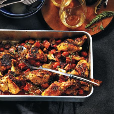 Balsamic roast chicken with caramelized pearl onions, olives and tomatoes